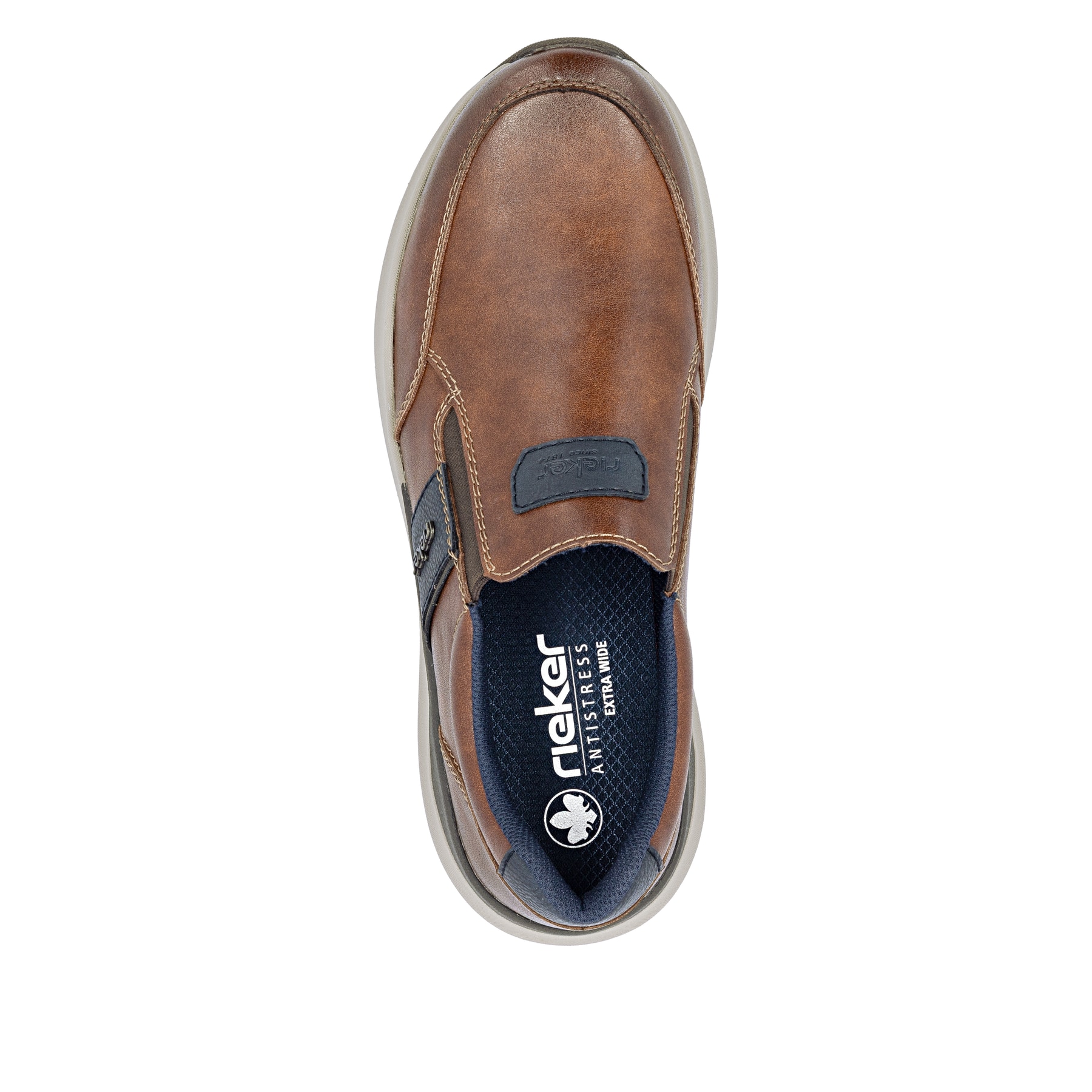 Braune Rieker Herren Slipper 06055-24 aus Glattleder mit einem Gummizug. Schuh von oben.
