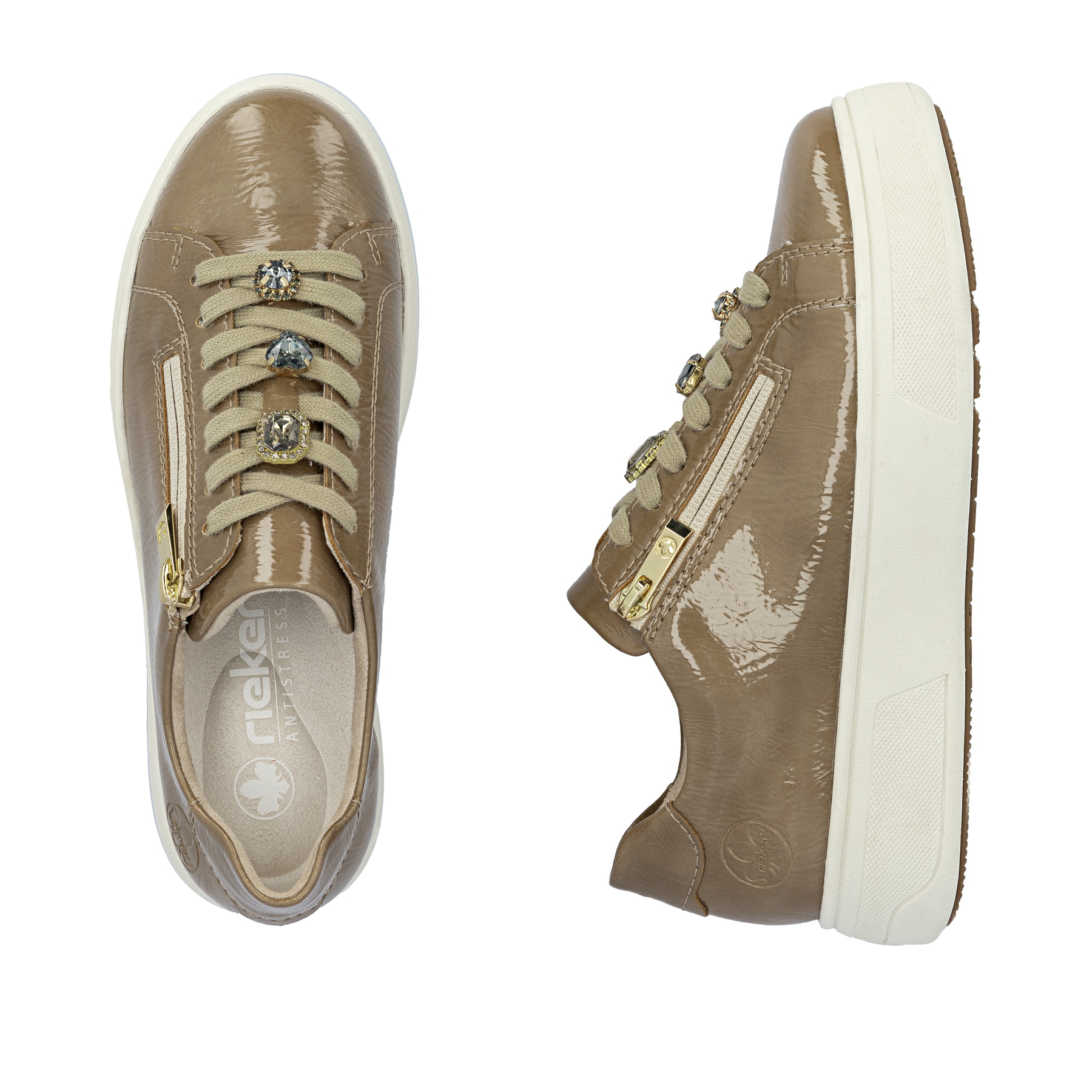 Dunkelbeige Rieker Damen Sneaker Low M7702-64 mit einem Reißverschluss. Schuh von oben, liegend.