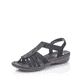 Schwarze Rieker Damen Riemchensandalen 60870-00 mit einem Elastikeinsatz. Schuh seitlich schräg.