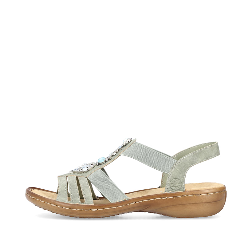 Mintgrüne Rieker Damen Riemchensandalen 60839-52 mit einem Elastikeinsatz. Schuh Außenseite.