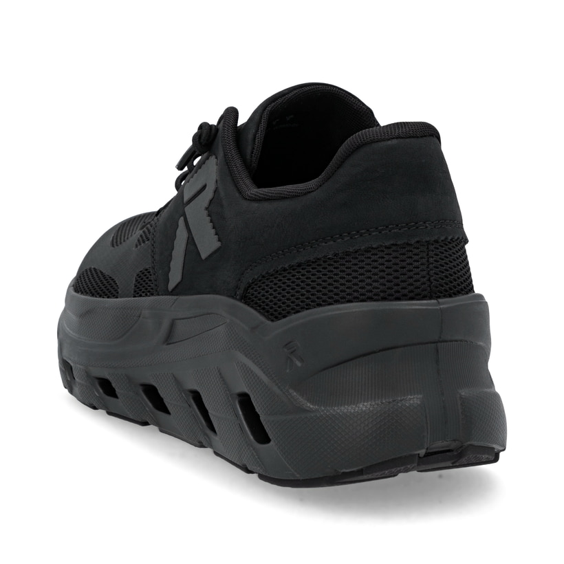 Schwarze Rieker Herren Sneaker Low U3500-01 mit Schnürung sowie dämpfender Sohle. Schuh von hinten.