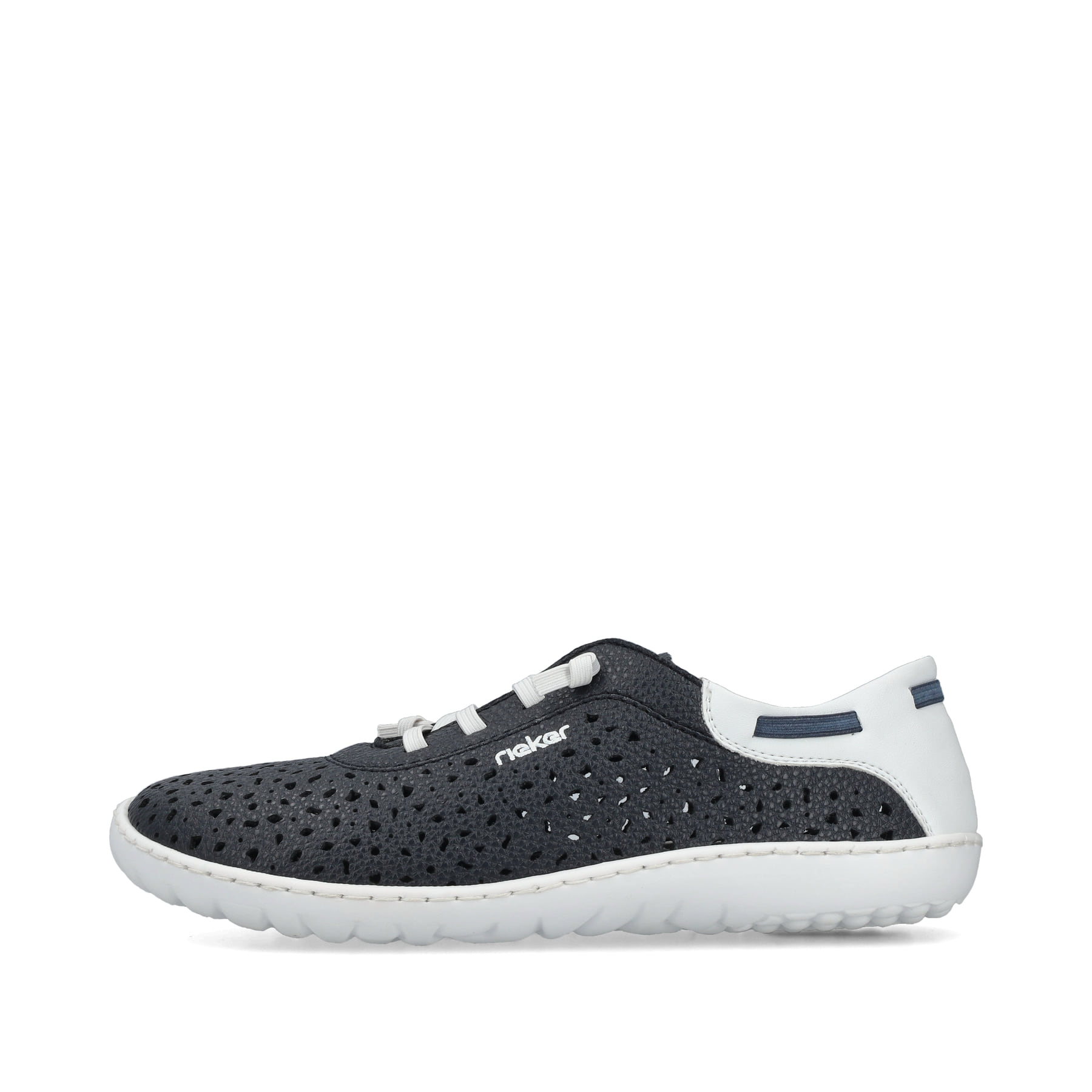 Blaue Rieker Damen Slipper 52805-14, Barfußschuhe mit einem Gummizug. Schuh Außenseite.