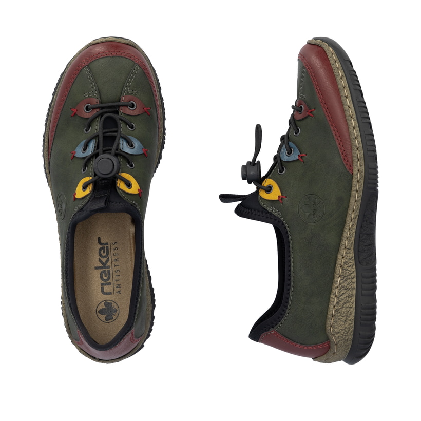 Dunkelgrüne Rieker Damen Slipper N3271-54 mit farbenfrohen Details. Schuh von oben, liegend.