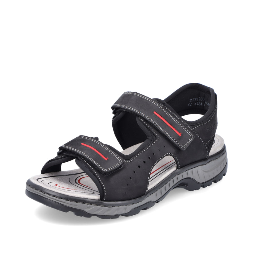 Schwarze Rieker Herren Trekkingsandalen 21760-00 mit einem Klettverschluss. Schuh seitlich schräg.