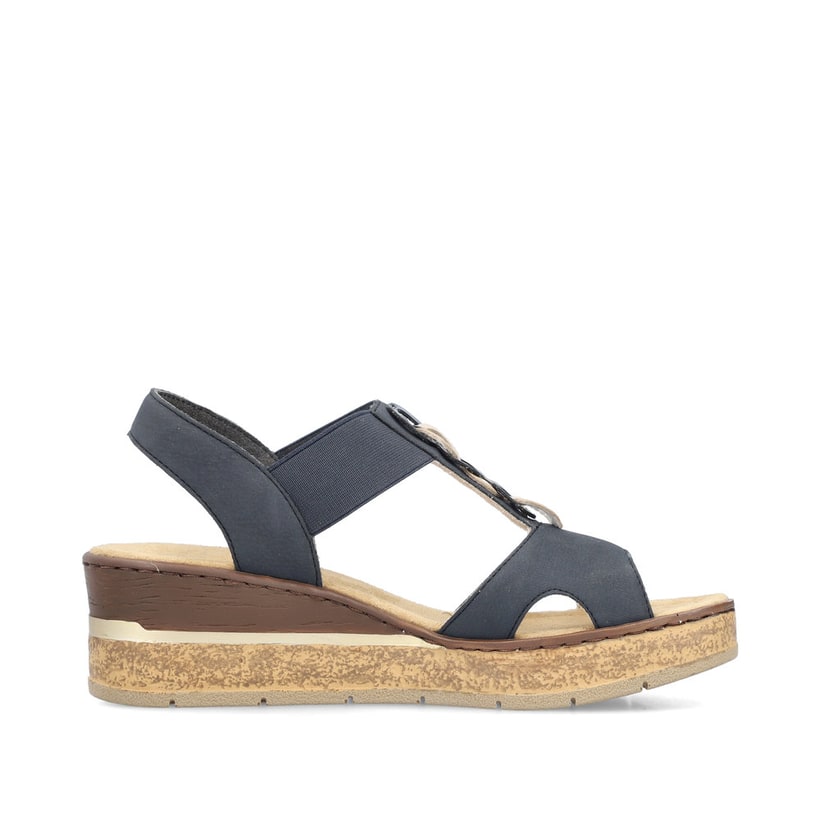 Blaue Rieker Keilsandaletten 63798-14 mit einem Gummizug. Schuh Innenseite.