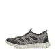 Graue Rieker Herren Slipper B7762-45 mit Gummischnürung sowie weißen Ziernähten. Schuh Außenseite.