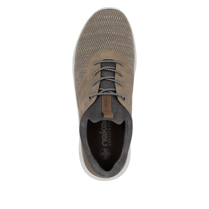 Beige Rieker Herren Slipper 13150-64 mit einem Gummizug sowie Komfortweite G 1/2. Schuh von oben.