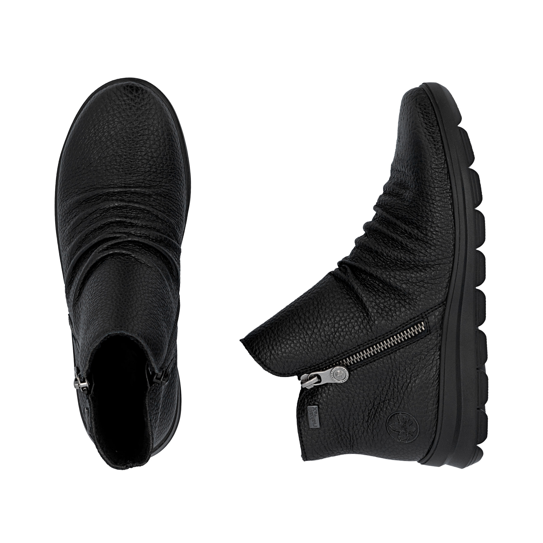 Schwarze Rieker Damen Kurzstiefel Z0056-00 aus Glattleder. Schuh von oben, liegend.