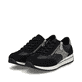 Schwarze Rieker Damen Schnürschuhe N1210-00 mit einem Reißverschluss. Schuhpaar seitlich schräg.
