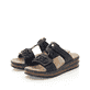 Blaue Rieker Damen Pantoletten 62936-14 mit einem Klettverschluss. Schuhpaar seitlich schräg.