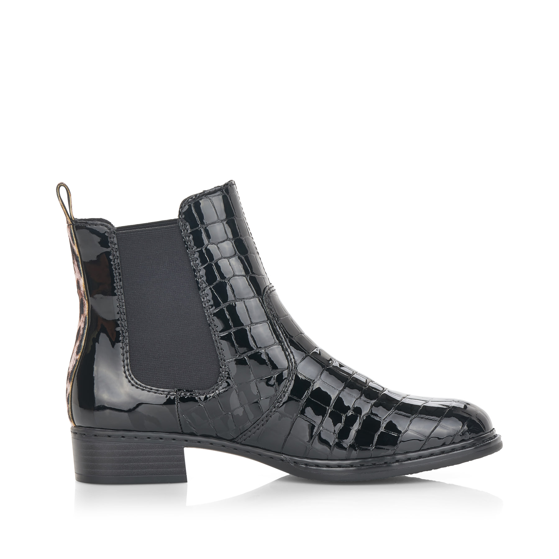 Urbanschwarze Rieker Damen Chelsea Boots 73494-00 mit Elastikeinsatz. Schuh Innenseite.