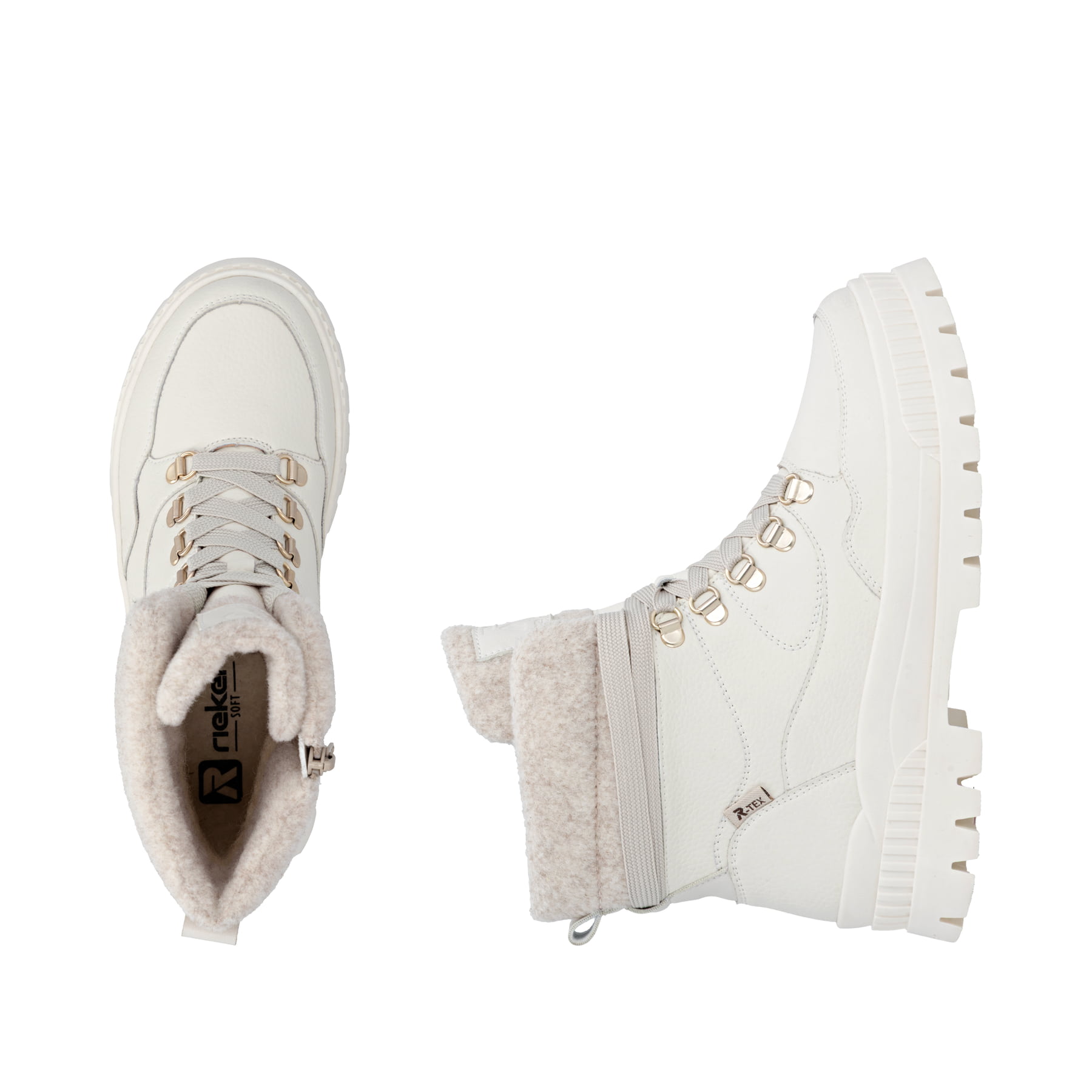 Weiße Rieker Damen Schnürstiefel W2171-81 aus Glattleder. Schuh von oben, liegend.