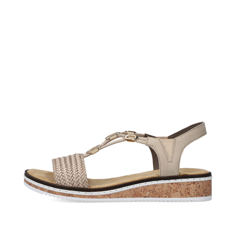 Beige Rieker Keilsandaletten V3662-62 mit Gummizug sowie einer leichten Sohle. Schuh Außenseite.