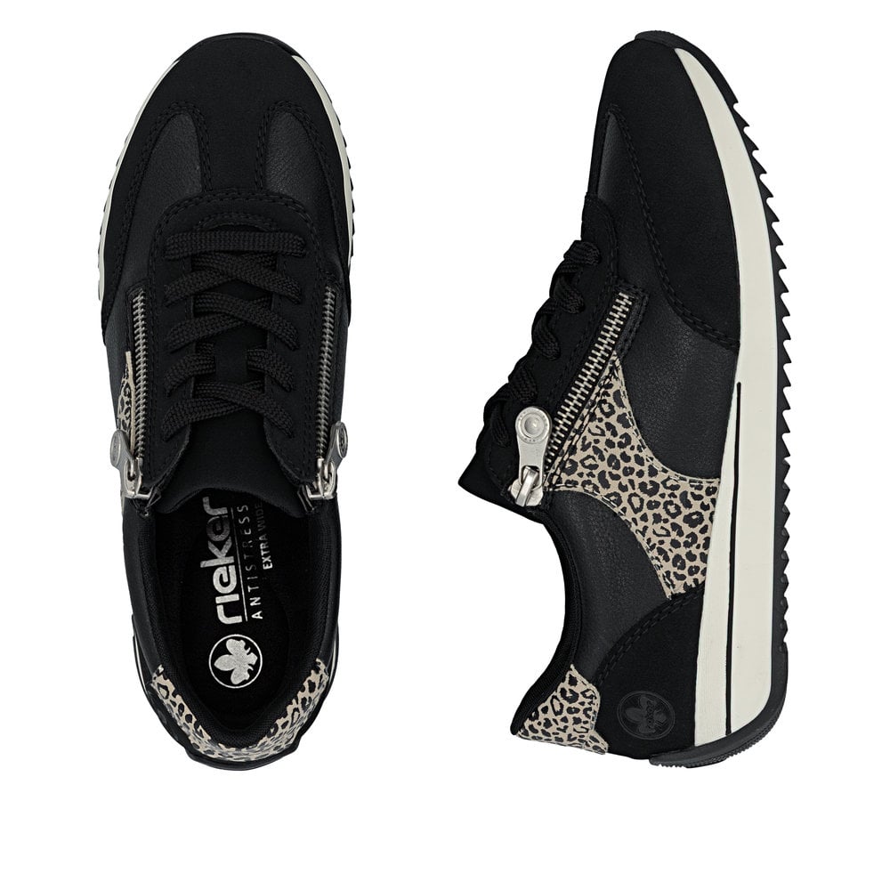 Schwarze Rieker Damen Schnürschuhe N1210-00 mit einem Reißverschluss. Schuh von oben, liegend.