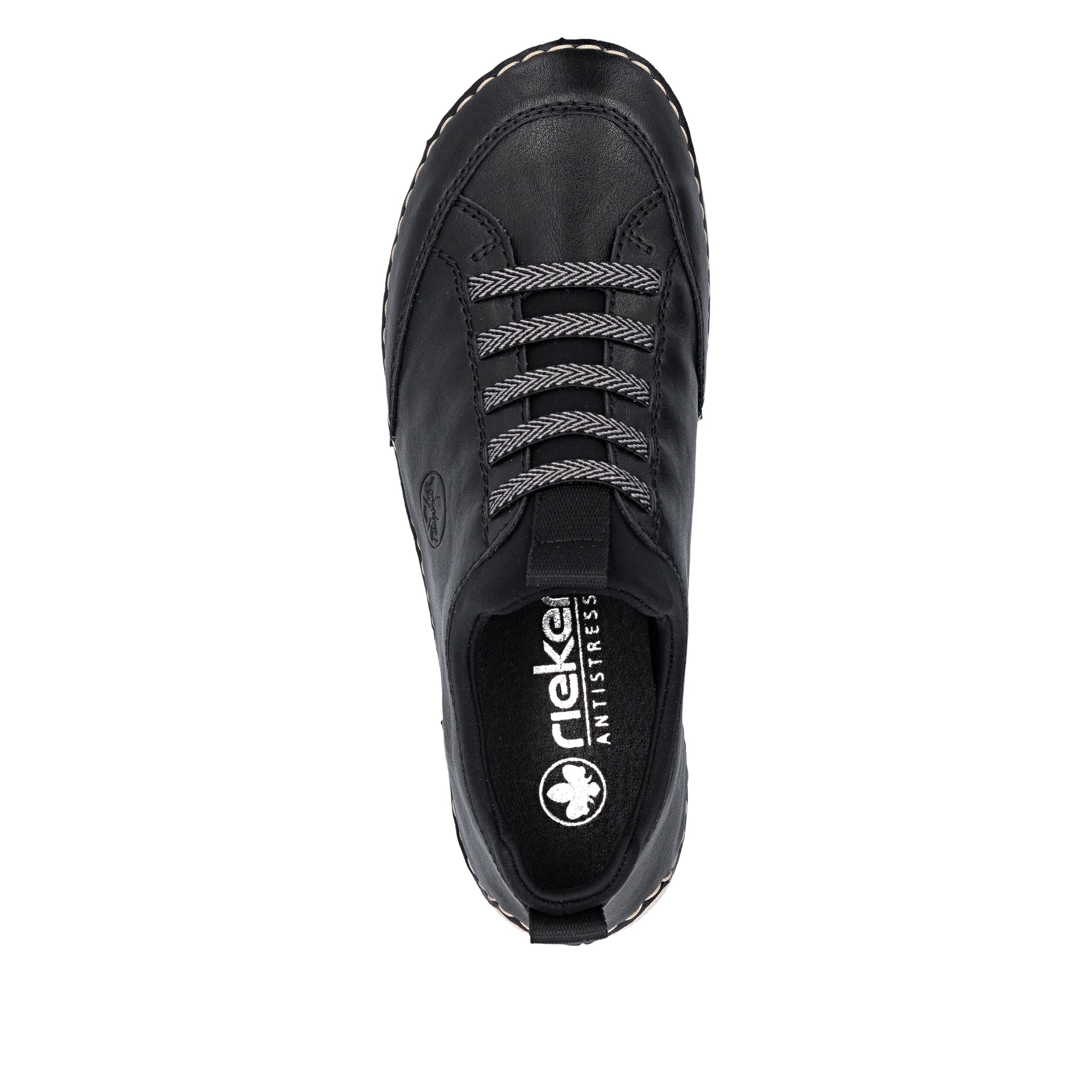 Schwarze Rieker Damen Slipper 55952-00 mit einem Gummizug. Schuh von oben.