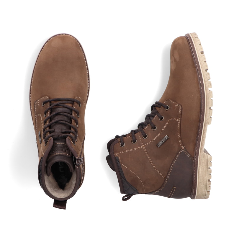 Braune Rieker Herren Schnürstiefel F3614-25 aus Rauleder. Schuh von oben, liegend.