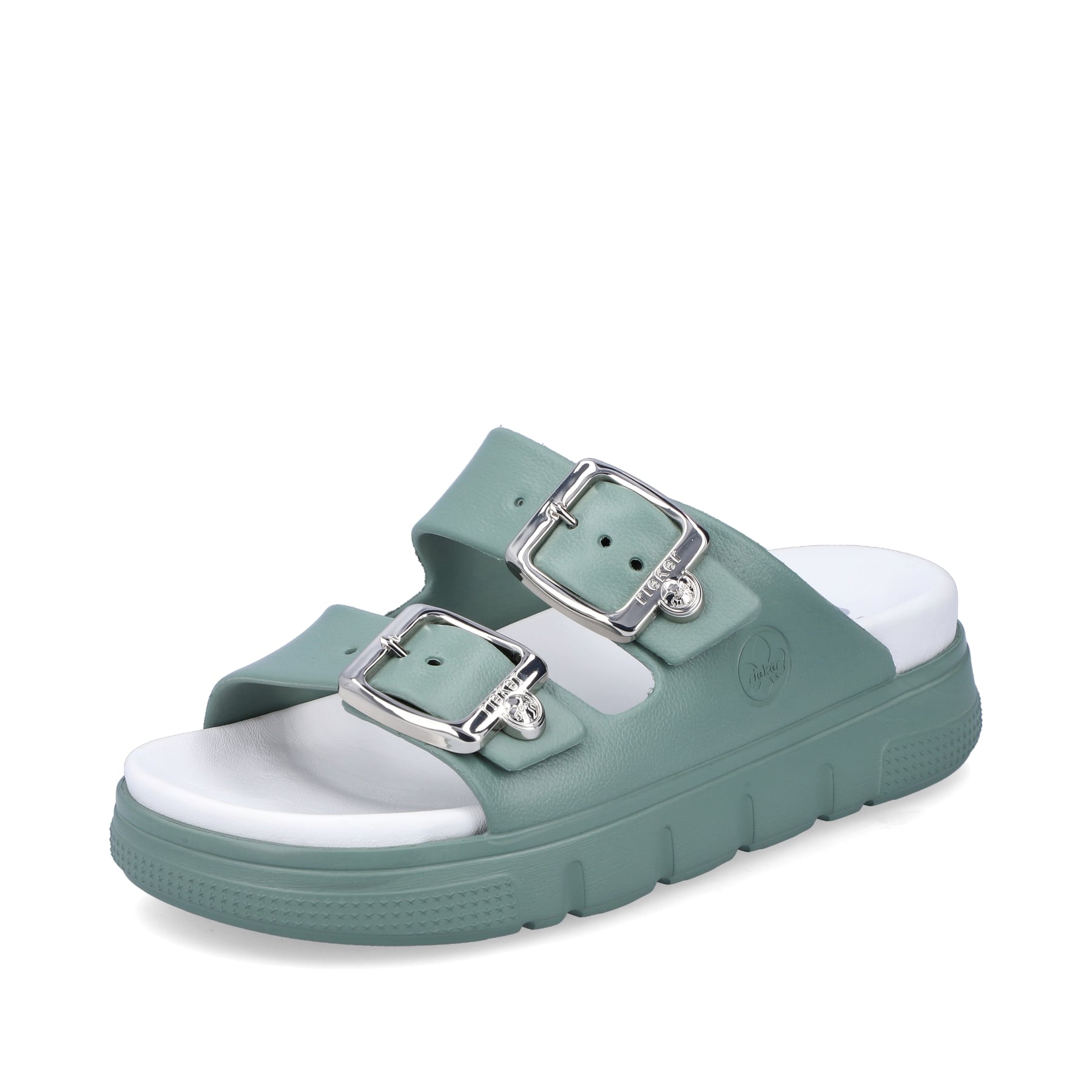 Grüne Rieker Damen Pantoletten P2180-52 mit Schnalle sowie einer flexiblen Sohle. Schuh seitlich schräg.