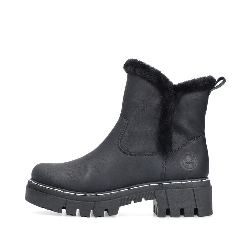 Schwarze Rieker Damen Chelsea Boots 74082-00 mit Fellschaftrand. Schuh Außenseite.