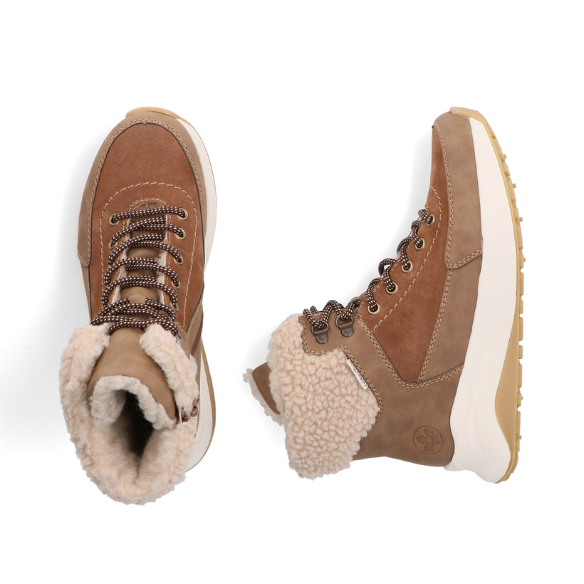 Braune Rieker Damen Schnürstiefel Z0920-24 mit wasserabweisender TEX-Membran. Schuh von oben, liegend.