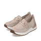 Zartrosane vegane Rieker Damen Loafer 58955-31 mit einem Elastikeinsatz. Schuhpaar seitlich schräg.