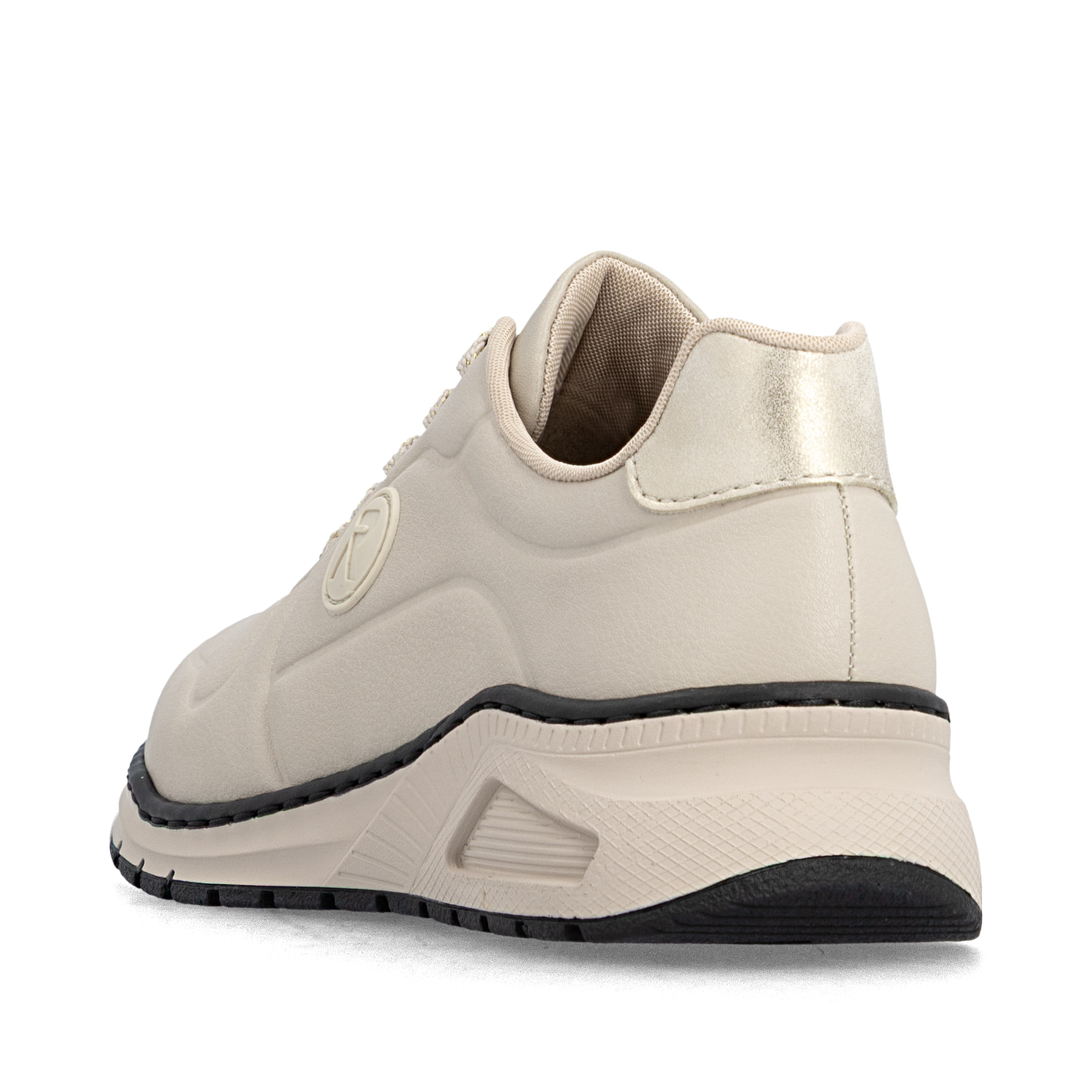 Beige Rieker Damen Sneaker Low M4903-61 aus Glattleder mit einer Schnürung. Schuh von hinten.
