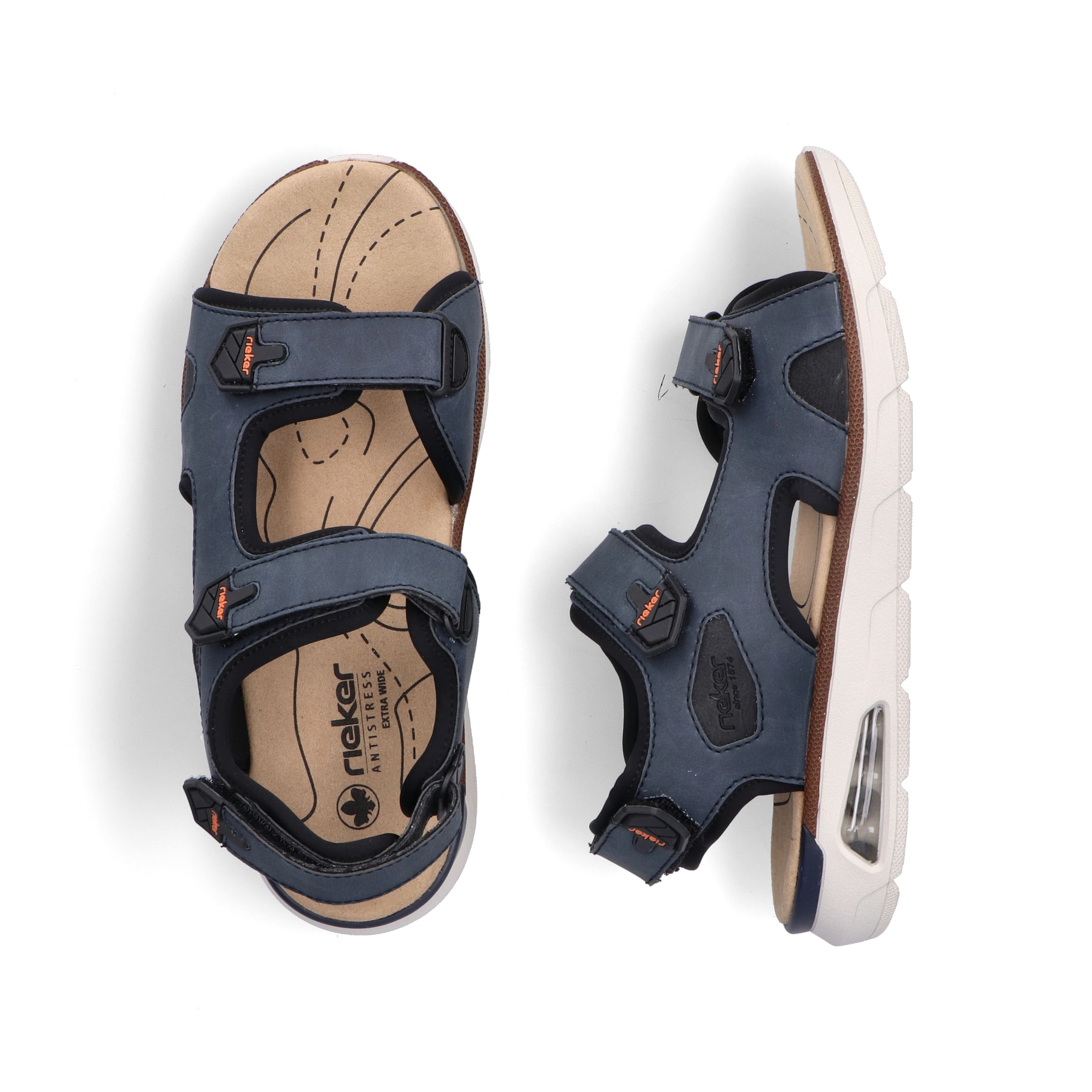 Blaue Rieker Herren Trekkingsandalen 29151-14 mit Rieker Air Sohlenfenster. Schuh von oben, liegend.
