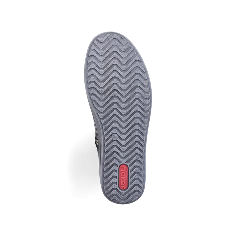 Graue Rieker Damen Kurzstiefel L2550-90 mit floralem Aufdruck. Schuh Laufsohle.