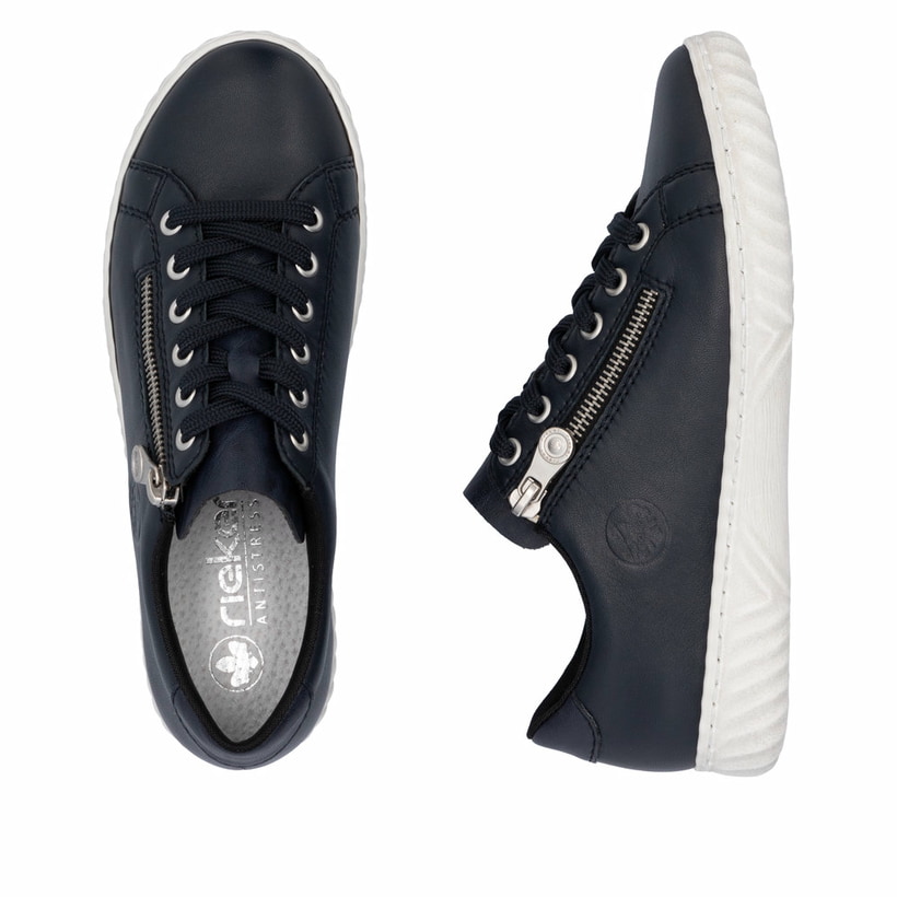 Baskets basses Rieker bleues pour femme N0900-14 en cuir lisse. Chaussure vue de dessus, couchée.