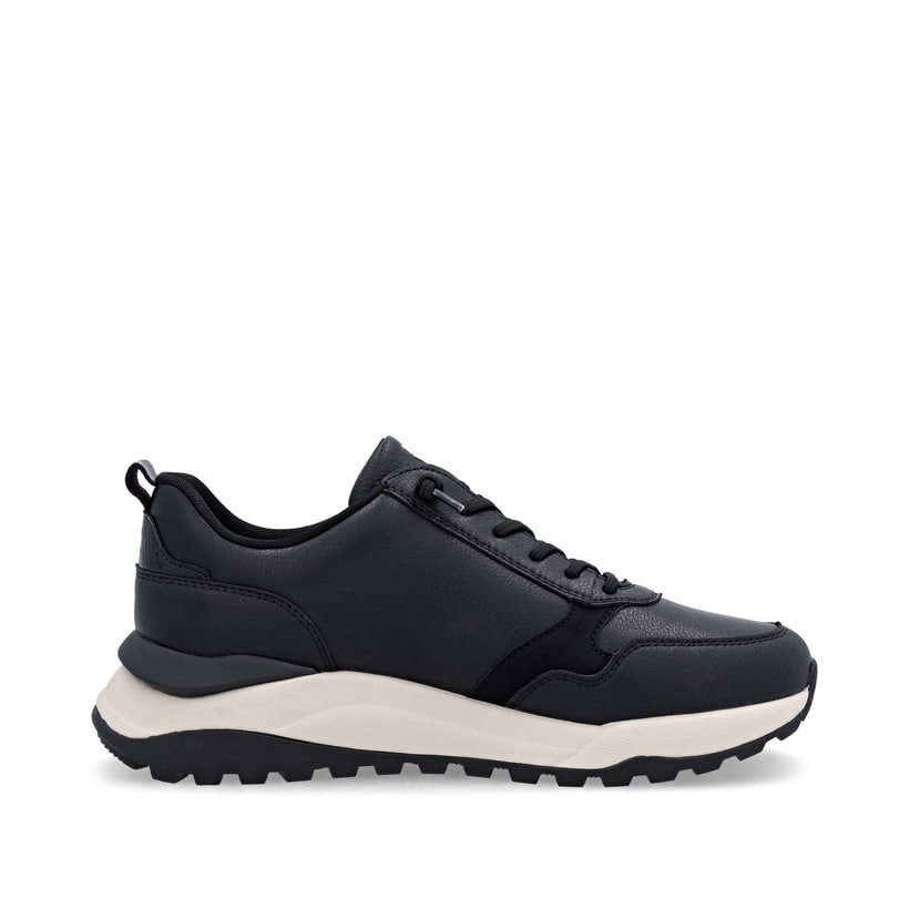 Schwarze Rieker Damen Sneaker Low W2504-00 mit einem Reißverschluss. Schuh von hinten.