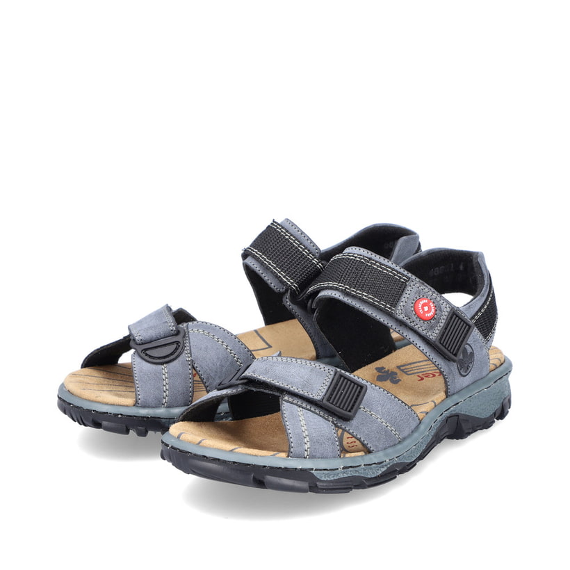 Blaue Rieker Damen Trekkingsandalen 68851-14 mit einem Klettverschluss. Schuhpaar seitlich schräg.