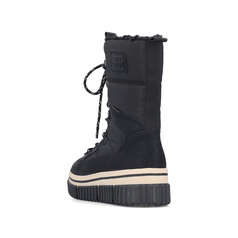 Vegane, schwarze Rieker Damen Kurzstiefel Y6380-00 mit einem Reißverschluss. Schuh von hinten.