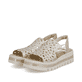 Beige Rieker Keilsandaletten V4941-60 mit Strasssteinen sowie einem Gummizug. Schuhpaar seitlich schräg.