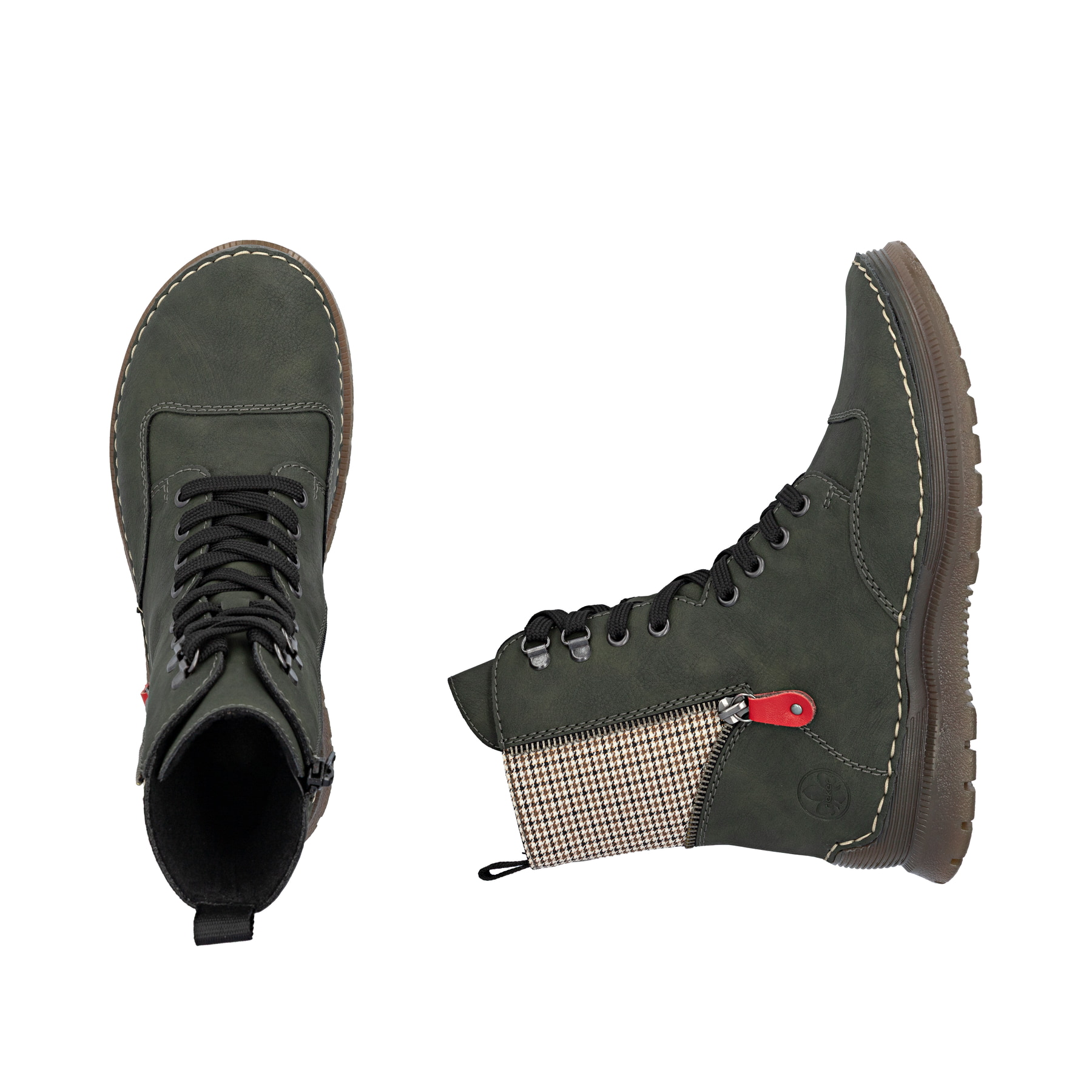 Dunkelgrün-beige Rieker Damen Schnürstiefel 53601-54 mit Deko-Reißverschluss. Schuh von oben, liegend.