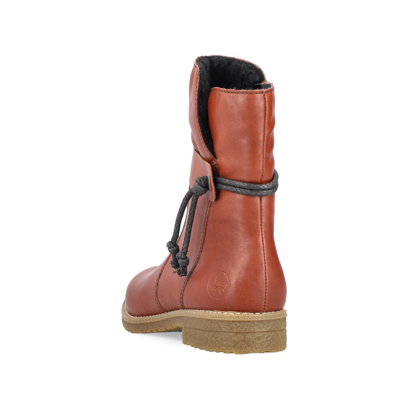 Fuchsbraune Rieker Damen Kurzstiefel 73551-24 mit einer robusten Profilsohle. Schuh von hinten