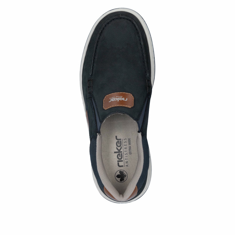 Blaue Rieker Herren Slipper 17368-14 mit einem Gummizug sowie der Extraweite H. Schuh von oben.