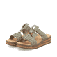 Grüne Rieker Damen Pantoletten 629K9-52 mit einem Klettverschluss. Schuhpaar seitlich schräg.