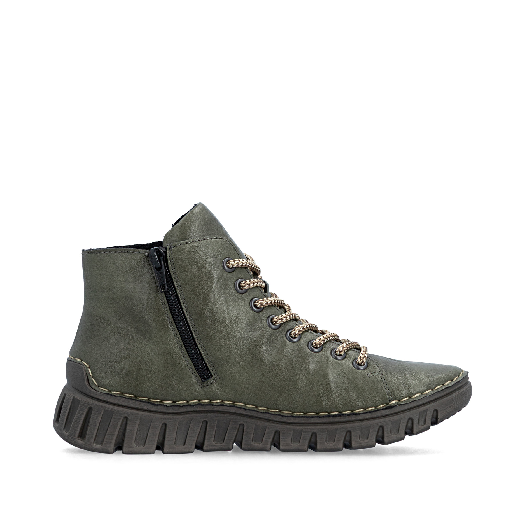 Dunkelgrüne Rieker Damen Schnürstiefel 57501-54 mit modernen Ziernähten. Schuh Innenseite.