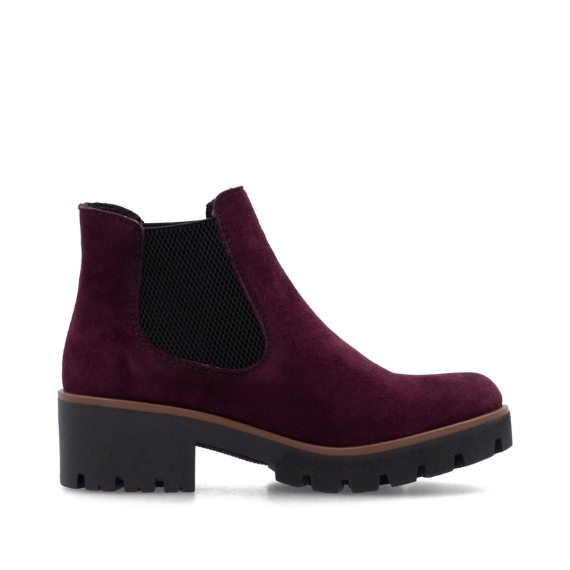 Dunkelrote Rieker Damen Chelsea Boots 79265-30 aus Rauleder mit einem Gummizug. Schuh von hinten.