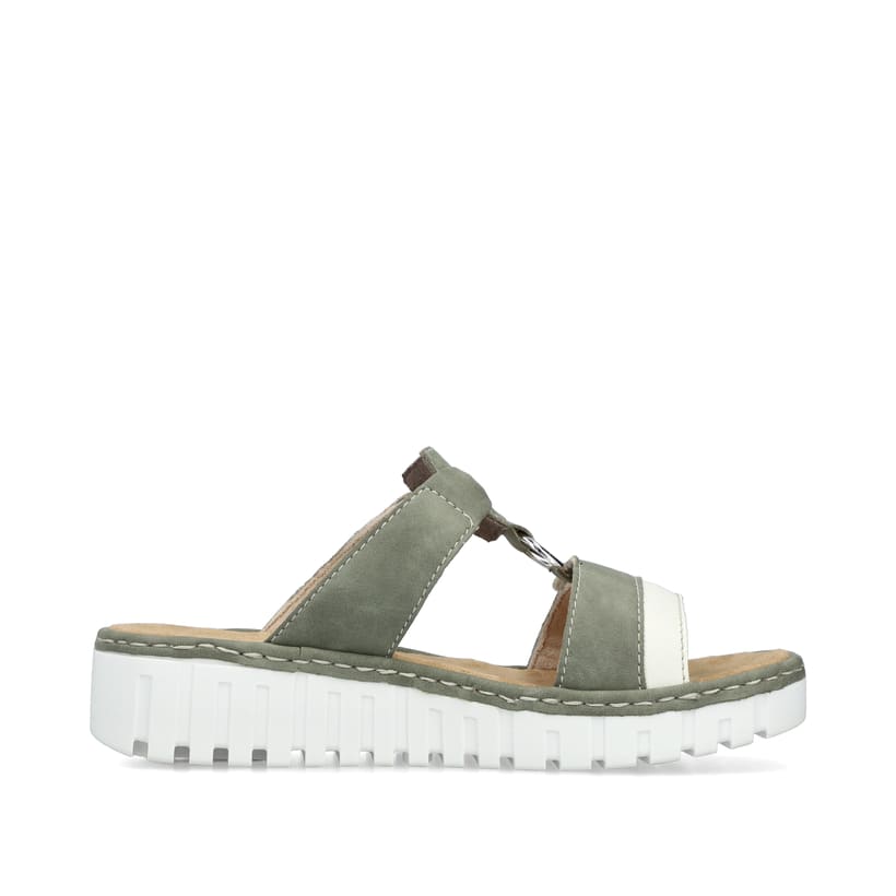 Grüne Rieker Damen Pantoletten V1396-52 mit einem Klettverschluss. Schuh Innenseite.