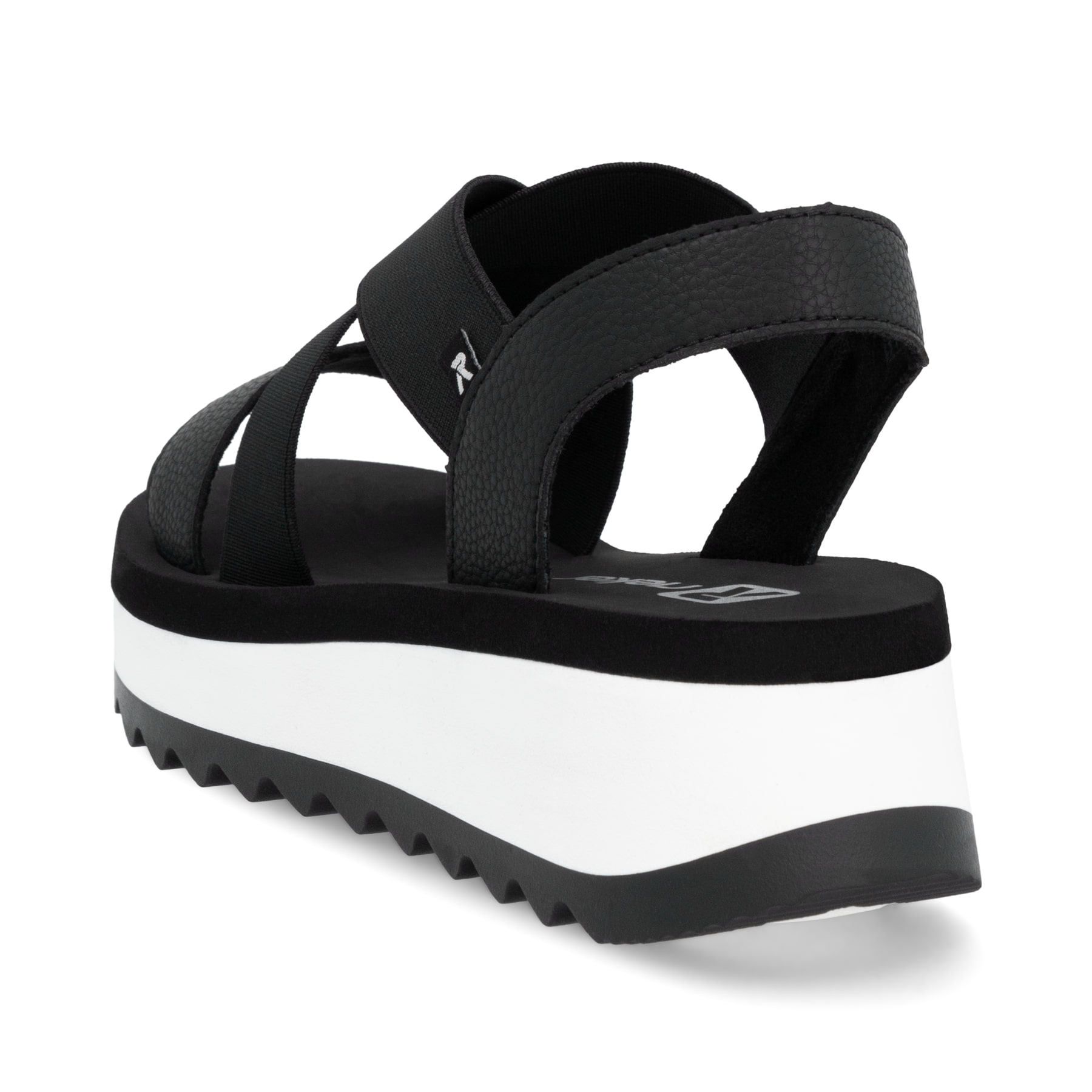 Schwarze Rieker Damen Riemchensandalen W3053-00 mit einem Gummizug. Schuh von hinten.