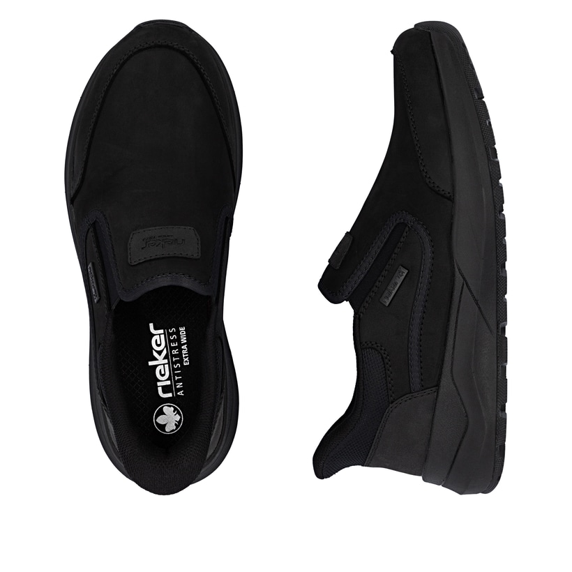Schwarze Rieker Herren Slipper 06052-00 aus Rauleder. Schuh von oben, liegend.