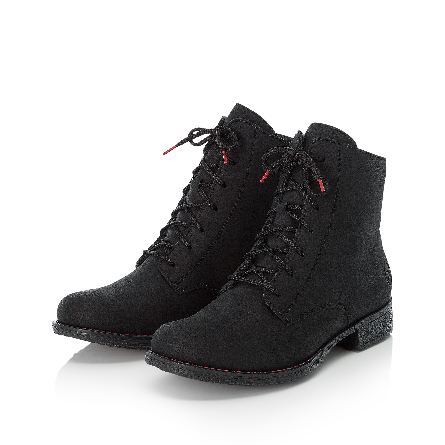 Graphitschwarze Rieker Damen Schnürstiefel 70821-00 mit einem Reißverschluss. Schuhpaar seitlich schräg.