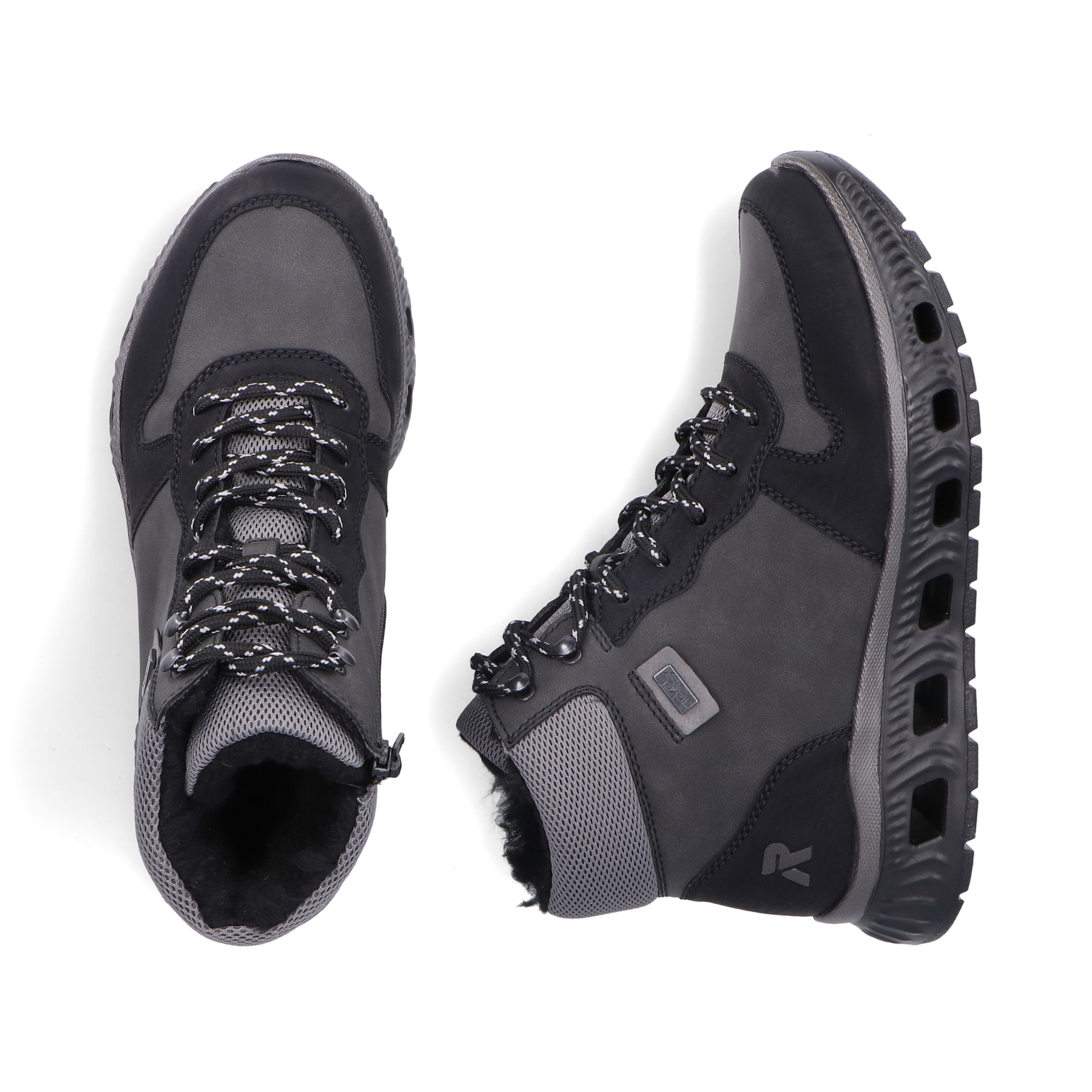 Graue Rieker Damen Sneaker High M6023-45 mit wasserabweisender RiekerTEX-Membran. Schuh von oben, liegend.