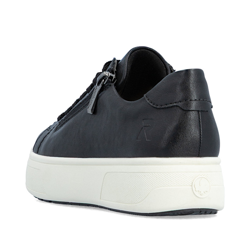 Baskets basses Rieker noires pour femme M7701-00 avec fermeture éclair. Chaussure vue de l'arrière.