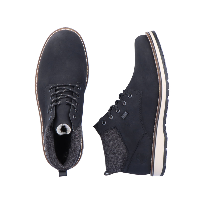 Schwarze Rieker Herren Schnürstiefel 38419-00 mit wasserabweisender TEX-Membran. Schuh von oben, liegend.