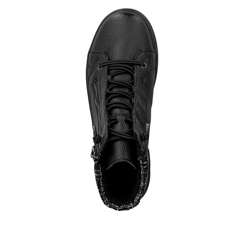 Schwarze Rieker Damen Kurzstiefel X0750-00 mit einem Reißverschluss. Schuh von oben.