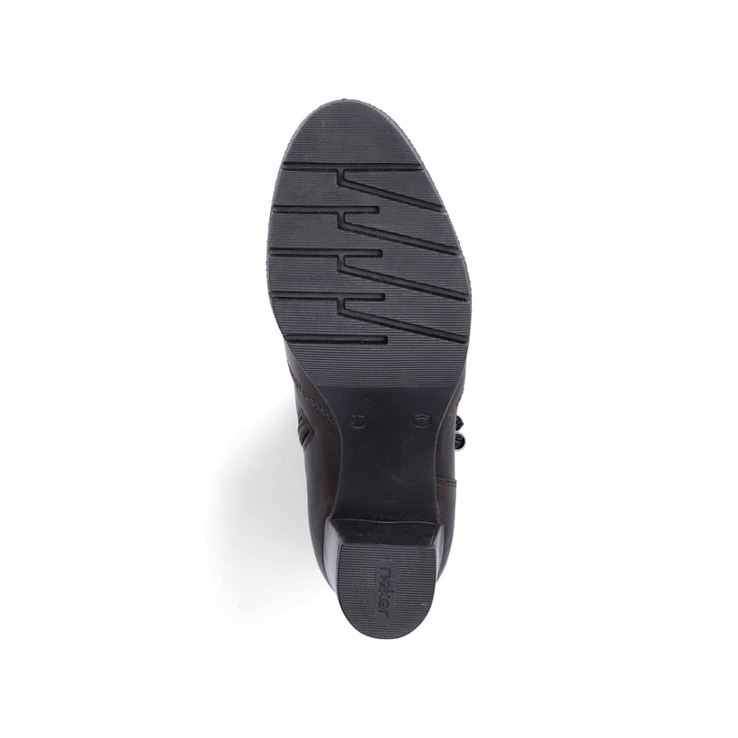 Dunkelbraune Rieker Damen Stiefeletten 77667-25 mit dekorativer Kordel. Schuh Laufsohle.