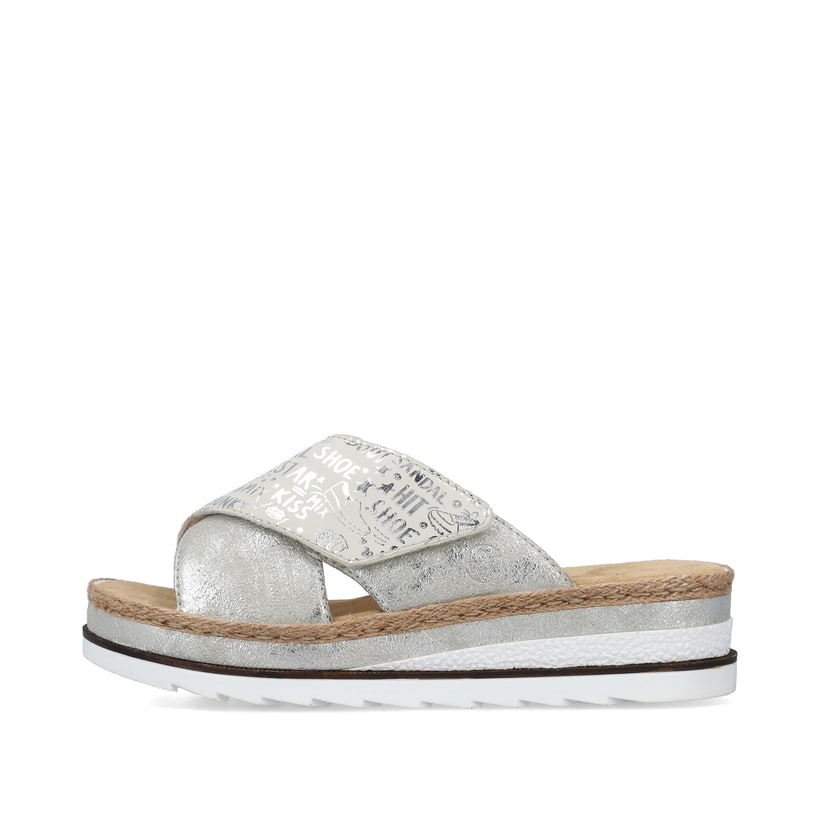 Silberne Rieker Damen Pantoletten V7979-80 mit einem Klettverschluss. Schuh Außenseite.