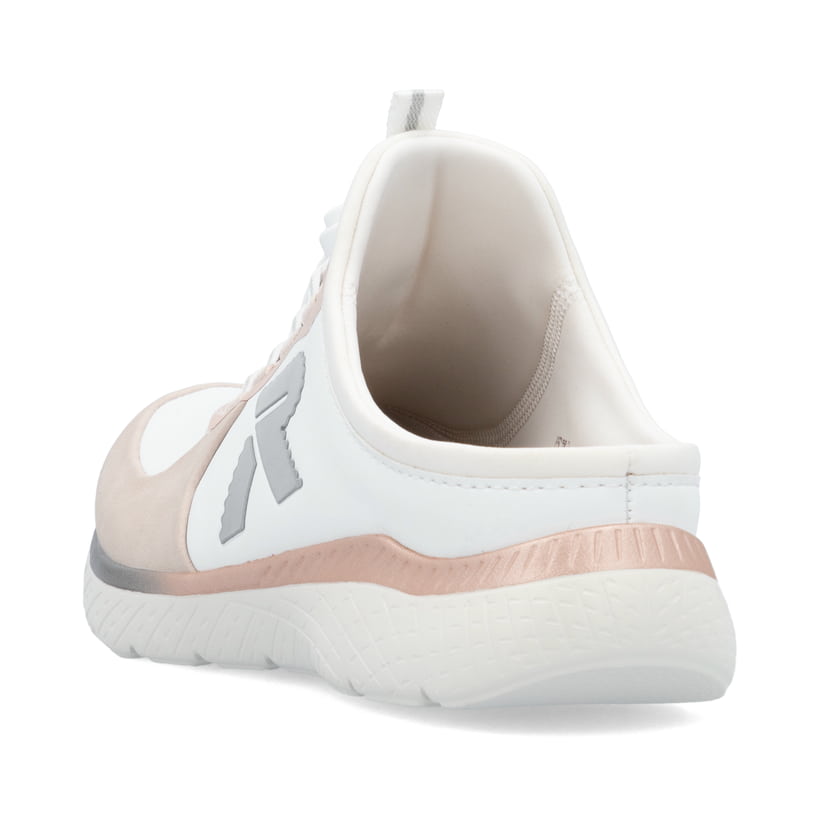 Weiße Rieker Damen Clogs M5056-31 mit Gummizug sowie einer ultraleichten Sohle. Schuh von hinten.