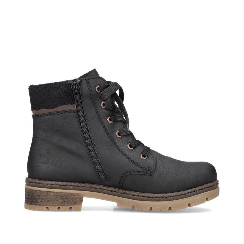 Graphitschwarze Rieker Damen Schnürstiefel Y7418-00 mit einer robusten Profilsohle. Schuh Innenseite